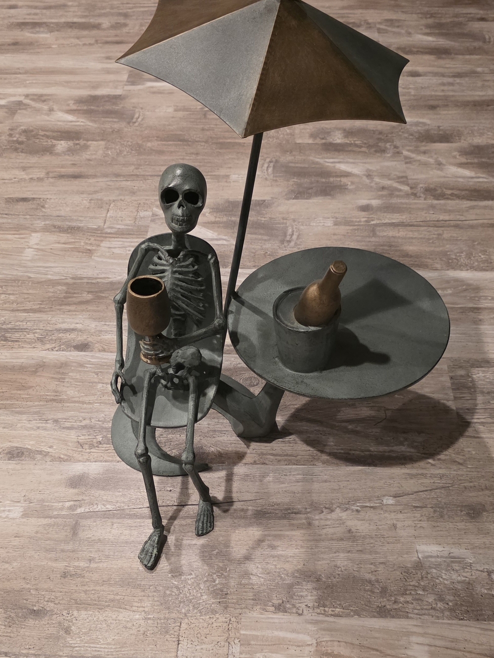 Whimsical Skeleton Bistro Sculpture Side Table in Gray and Bronze
